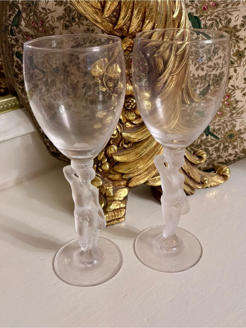Vintage Bayel French Crystal Wine Glasses Frosted Nude Bacchus Bacchante Set 2